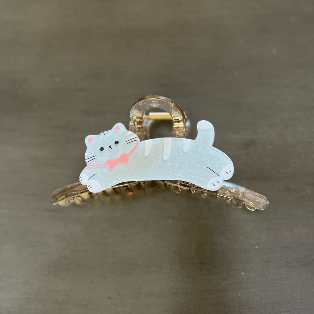 Silver Glitter Cat & Pink Bow Kitten Extra Large 5" Brown Lobster Claw Hair Clip